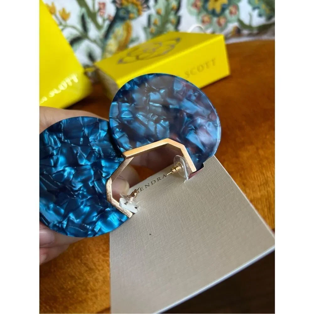 Kendra Scott Kai Hoop Earrings Blue Acetate | Gold Tone Statement Hoops